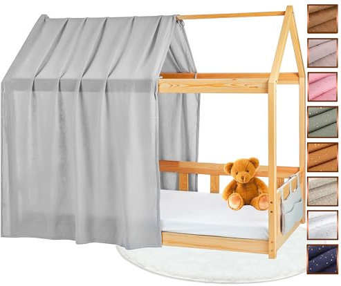 Lovely Hippo Hausbett Himmel - 100% Baumwolle - Betthimmel Hausbett aus Musselin - Bett Vorhang Kinderbett - Himmelbett Vorhänge 90x200cm (Grau Tasche, 120 x 370 cm (1er Set))