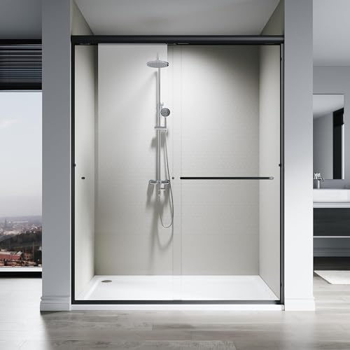 Porte de douche coulissante, 152,4 x 193 cm (l x H), porte de douche coulissante en verre trempé, facile à nettoyer, finition noire mate