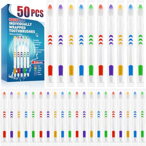 50 PCS Premium Individually Wrapped Bulk Toothbrush, Disposable Toothbrush