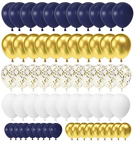 70 Stück Luftballons Blau Gold Navy Weiß, Metallic Latex Ballons Dunkelblau Golden Konfetti für Geburtstag Hochzeit Babyparty Girlande Deko