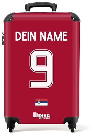NoBoringSuitcases.com Handgepäck Koffer, Koffer Personalisiert, Reisekoffer, Reisetasche mit Rollen, TSA, Hartschalenkoffer, Trolley Handgepäck 55x40x20 cm (EM 2024 - Heimtrikot Serbien - Rot)