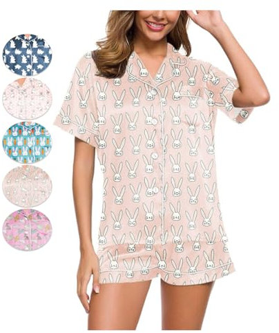 NPSMOPC Womens Rabbit Monkey Print 2 Piece Womens Roller Rabbit Pajamas Y2k Pajama Set Monkey Bunny Tiger Floral Pj Shorts (Rabbit-c,Large)