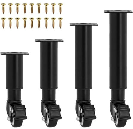 Lot de 4 pieds de meubles réglables en métal avec roulettes pivotantes, pieds de rechange robustes pour armoire, canapé, lit, commode, canapé, table basse (noir, 18,5 à 26 cm)