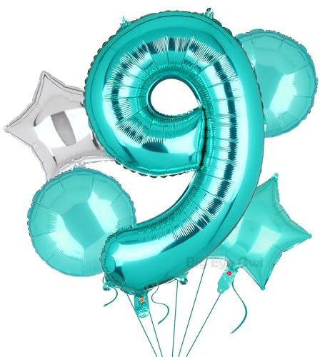 5 Stück XXL Türkis Zahl 9 Luftballon Tiffany Blau Nummer 9 Folienballons Groß Zahlen Happy Birthday Ballon Geburtstags Deko 100cm