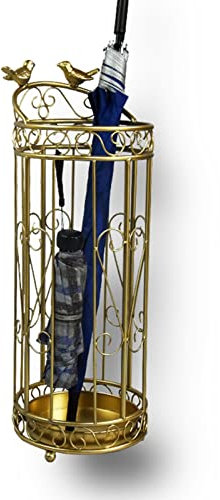 ZoRHac Schirmständer, Schirmhalter aus Metall mit Abtropfschale for Schirme, Spazierstöcke, Aussparungen, rund, klassisches Vogelkäfig-Design, freistehender Regal-Organizer(Gold)