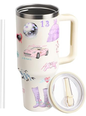 WALLFID 40oz Tumbler,Stainless Steel Insulated Mug with Handle and Straw,Reusable Cute Pattern Travel Coffee Cup,Large Capacity Tumbler for Women and Fans (Lid B)