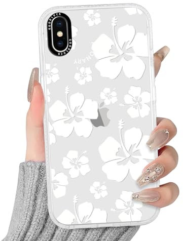 RUMDEY Clear Floral Flower Hibiscus Case for iPhone X 5.8, Cute Preppy Pattern Crystal Aesthetic Design Soft Slim Anti-Yellow Protective Shockproof TPU Phone Cover for Women Girls - White