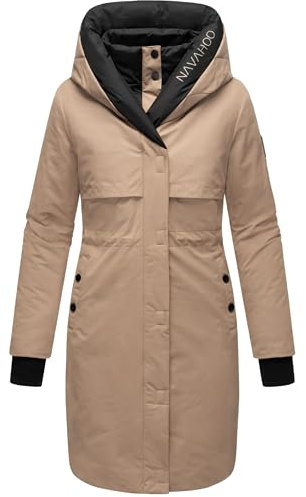 Navahoo Damen Mantel lange warme Winter Steppjacke mit Kapuze und magnetischen Elementen Snowelf Taupe Grey Gr. L