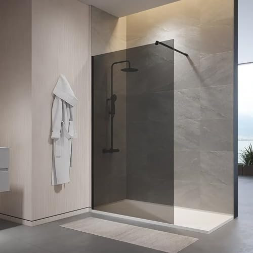 Box Doccia Walk-In 140 cm Altezza 200cm Parete Fissa Vetro Temperato Fumé da 10mm con Trattamento Anticalcare Braccio Telescopico SUS304 Profili Alluminio Nero Opaco