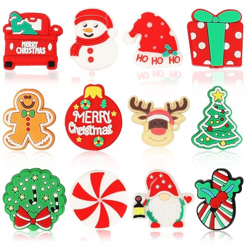 Perles De Silicone De Noël,12 styles Perles De Silicone Focales,Perles en Silicone de Noël,Perles Focales en Silicone,Pour Stylos, Guirlande Lanière, Porte-Clés, Fournitures De Fabrication