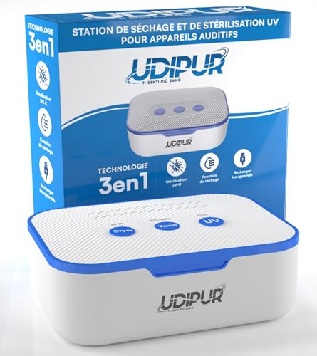 Station multifonctionnelle Udipur pour appareils auditifs 3en1 Séchage Stérilisation UV et chargement USB type C Température Max 50°C Dimensions 110x90x40mm