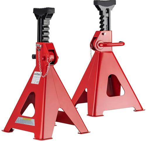 WilTec Set de 2 caballetes para Coches Altura Ajustables 49-75 cm hasta 12 toneladas Soportes de Eje Soportes de Gato de Coche con Perno de Seguridad, Bases de Goma Antideslizantes