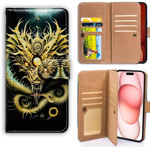 Bcov Case For iPhone 14 Pro,Golden Dragon with Ball Multifunction Leather Phone Case Wallet Flip Cover with Multi Card Slots Pocket Wrist Strap for Apple iPhone 14 Pro