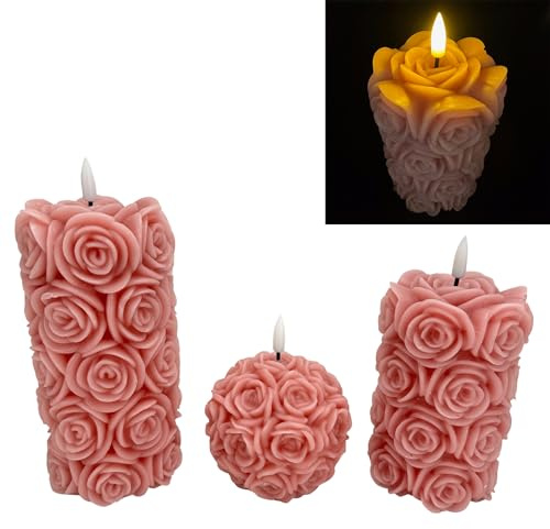Online Fuchs 3 LED Kerzen im Set aus Echtwachs mit 6-Stunden Timerfunktion und filigranen Rosenblüten in 3D-Optik - Creme und Altrosa (Altrosa)