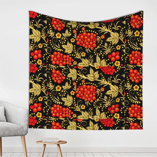 Poadnly Traditionelle russische Chochloma-Cranberry, Wanddeko-Wandteppich, langlebig, Wandbehang für Wohnzimmer, Schlafzimmer, 150 x 150 cm