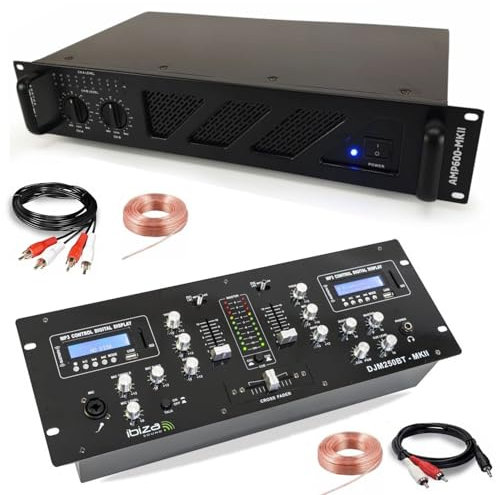 Ibiza - Verstärker für DJ, Ibiza Sound AMP600-MKII, 960 W, Bluetooth-Mixer, DJM250BT-MKII Cinch XLR – Cinch-Kabel mit Klinkenstecker, Lautsprecher im Lieferumfang enthalten