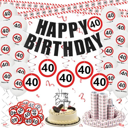 Affivia Verkehrszeichen 40 Geburtstag Deko mit Absperrband, Luftballons, Spiralen,Girlande,Konfetti,Kuchendeko,Luftschlangen, Geburtstagsdeko 40 Geburtstag Männer Frauen, Deko 40 Geburtstage Frau Mann
