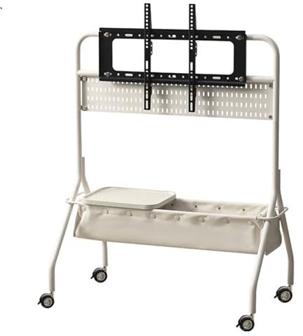 Mobile TV su ruote per schermi da 40 a 75 pollici, carrello porta TV con cestino, supporto portatile da pavimento per casa e ufficio (bianco)