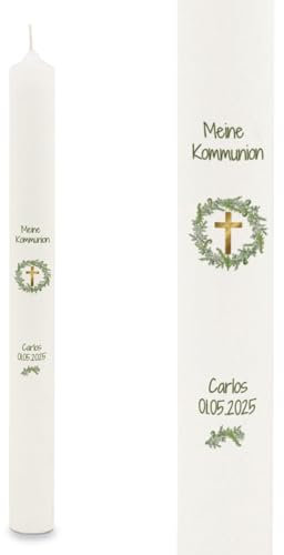 GRAVURZEILE Bedruckte Stabkerze - Kranz mit 3 versch. Symbolen - Personalisiert mit Name & Datum - Geschenk zur Taufe, Kommunion oder Konfirmation - Für Jungen & Mädchen - Altarkerze 400/40 mm - Weiß