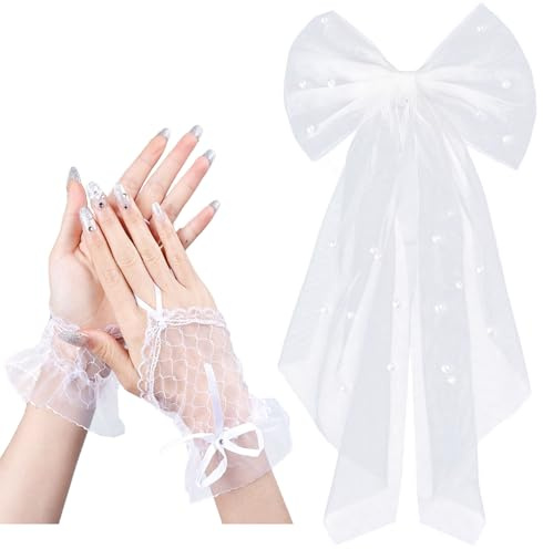 AYNKH Brautschleier Haarspangen Schleife mit Handschuhen Perle Hauteur Haarschmuck Hochzeit Weiß Tüll Kurz Brautschleier Haarschleier Haarschleier für Hochzeit Junggesellinnenabschied Dekorationen