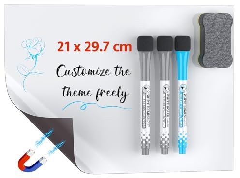 Unicife 21 x 29,7 cm Magnetische Whiteboard für Kühlschrank Magnetische Trockenlöschtafel für Kühlschrank Kleine Whiteboardtafel mit 3 Markern 1 Radierer Leere Kühlschrank-Whiteboard-Planer Büro, A4