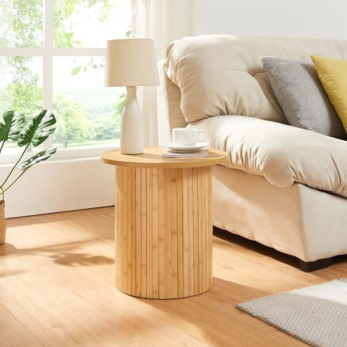 [en.casa] Table d'Appoint avec Plateau Rond Dépassant Table Basse Bout de Canapé Design Scandinave pour Salon Chambre Bureau Entrée Bambou MDF 40 x 40 cm Naturel