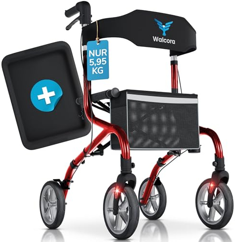 SuperLight Rollator – ultraleicht (5,95 kg) – Faltbar und leicht mit Sitz – ideal für Alltag & Reise – Gehhilfe für Senioren – Klappbar, Stockhalter, Walker, Rollatoren – Rot