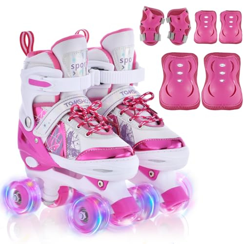 TOMSHOO Patins à roulettes Fille, Roller Enfant Fille avec LED Lumineuse Roues, avec équipement de Protection, Rollers Quad Enfant Taille Réglable, pour Débutants Enfants Cadeau