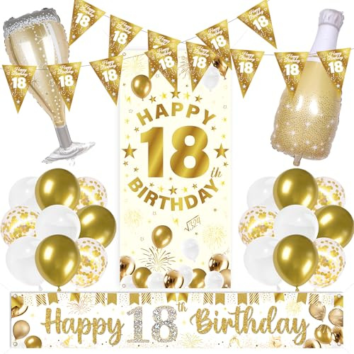 18th Birthday Decorations Banners Girls - 23 Pcs Gold 18th Backdrop Set | Gold Banner Backdrop Champagne Bottle Foil Confetti Latex Balloons for Girl 18 Year Old Happy Birthday Party Decor
