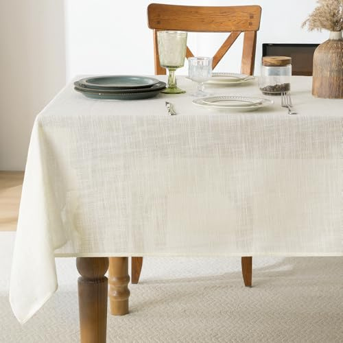 FIBORIA Faux Linen Table Cloth Rectangular 140 x 240 cm Cream Wipe Clean Water Resiatant Tablecloth Stain Resistant Table Cover for Tabletop Decoration Birthday Party Banquet Outdoor,55x94 inch