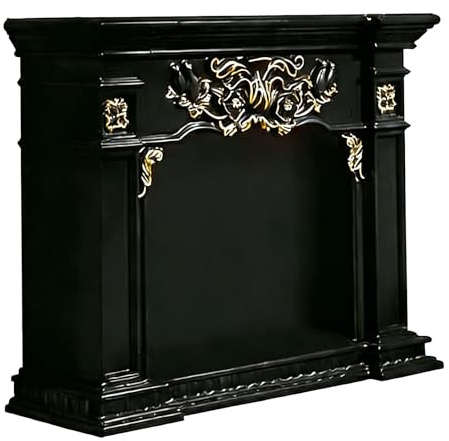 Marble Fireplace Carved Floral Fireplace Mantel with Solid Wood Base Decorative Surround Fireplace Frame(Black,Medium)