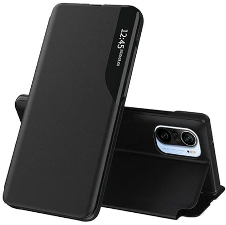 Techsuit für Xiaomi Mi 11i Poco F3 Flip Wallet Hülle mit Kartenfach, Ständer, Smart View Fenster, Kameraschutz, Kratzfest, eFold Series, PU Leder, Schwarz