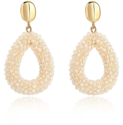 Boho Hängeohrringe für Damen, handgewebte tropfenförmige Reisperlen‑Ohrringe, leichter eleganter Modeschmuck (Beige)