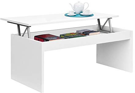 Mesa de Centro elevable, mesita Mueble Salon Comedor, Blanco Brillo, Medidas: 102 cm (Ancho) x 43/52 cm de (Alto) x 50 cm (Fondo)