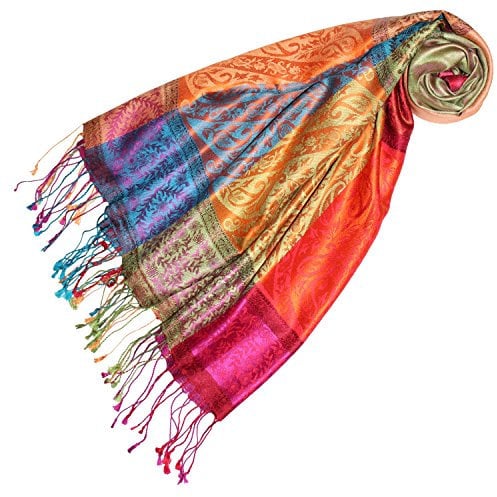 Lorenzo Cana Damen Pashmina Schal Schaltuch jacquardgewebt 100% Seide 70 cm x 190 cm Paisleymuster Seidenschal Seidentuch Seidenpashmina Bunt Orange Türkis Blau Rot 78180
