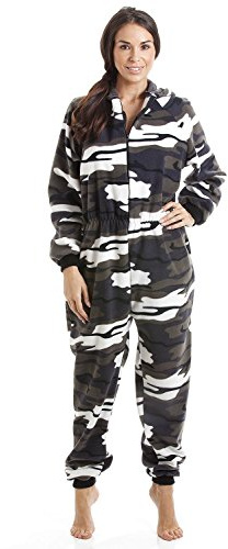 Camille Womens Super Soft Fleece Onesie - Print Hooded All in One - Long Sleeved and Side Pockets Snow Camo 14-16