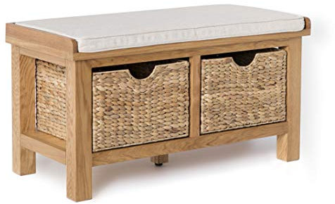 Surrey Oak Hallway Bench With Baskets | Roseland Furniture Traditional Rustic Waxed Solid Wooden Shoe Storage for Hall or Kitchen, Fully Assembled, 90 x 49 x 42 cm