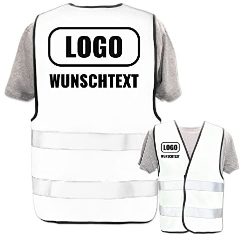 PixiPrints.com Hochwertige Warnweste mit Leuchtstreifen * Farbe: Weiß (XL/XXL) * Druck: Rücken + linke Brust * bedruckt mit Name Text Bild Logo Firma * personalisiertes Design selbst gestalten