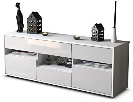 Stil.Zeit TV Schrank Lowboard Annamaria, Korpus Weiss matt, Front Hochglanz Design Weiß (135x49x35cm), Push to Open Technik & Leichtlaufschienen