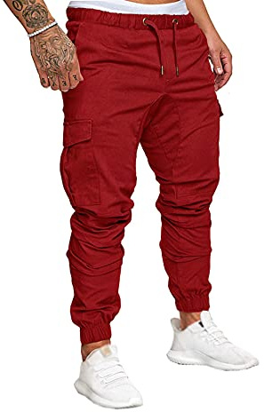 SOMTHRON Herren Elastische Taille Gürtel Baumwolle Jogging Sweat Hosen Plus Size Mode Lange Sports Cargo Hosen Shorts mit Taschen Joggers Activewear Hosen, 3XL, Weinrot