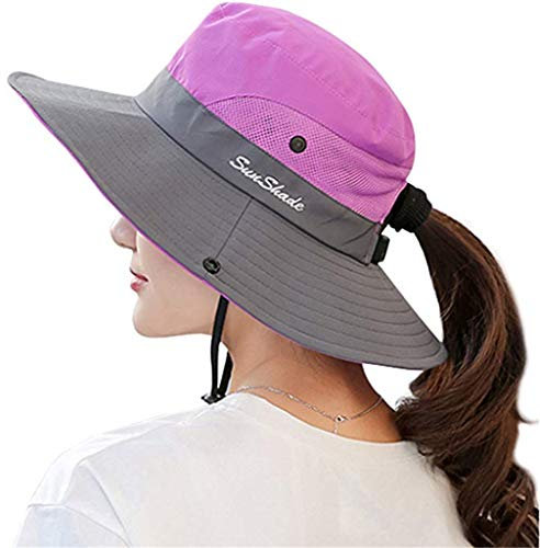 Fueerton Femme Pliable Chapeau de Soleil Réglable Coton Large Bord Visière Eté Plage Voyage UPF UV (Violet)