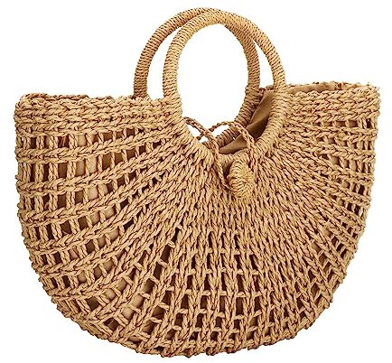 Womens Straw Beach Summer Handbag Shopper Basket Casual Handle Bag Tote for Travel Shopping Everyday Use (Khaki)