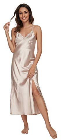 Alcea Rosea Chemise de Nuit Femme Satin Dentelle Pyjama Sexy à Col en V Robe de Chambre Longue sans Manches pour Femme Elégante (Thé au Lait, XXXL)