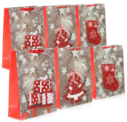 com-four® 6x XL Geschenktüten - mit echten aufgesetzten 3D-Stickern | Für Weihnachten - Nikolaus und Advent - Motive als Applikation statt flachem Aufdruck