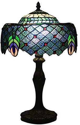 GDLight Tiffany-Art-Pfau-Tabellen-Lampen 12 Antique Green Buntglas Tischlampen Mittelmeer Nachtleuchten für Wohnzimmer Schlafzimmer Nacht Cafe Bar, Max60W