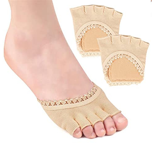 Open Five Toes Half Socks, Breathable Sweat-Absorbent Peep Toe Forefoot Socks Anti-Slip Lace Invisible Forefoot Pad, Relief Foot Pain Toe Separator Socks Women Flat High Heels Heelless Toeless Socks