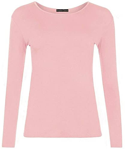 Womens Ladies Long Sleeve Round Neck Top T-Shirt Top Women's Plus Sizes Women's Plain Long Sleeve - Ladies Crew Neck Fitted T Shirt Blouse Plain Casual Tees BabyPink_S-M