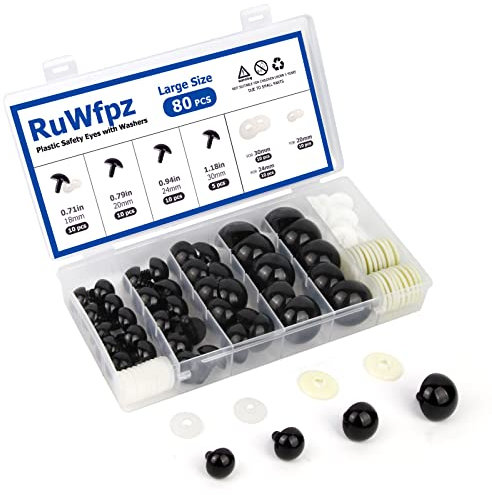 RuWfpz Sicherheitsaugen für Häkeltiere Groß 18-30mm - 4 Größen Puppenaugen Häkel Amigurumi Augen für Kuscheltiere, 80 Stück Schwarz Kunststoff Teddyaugen Knopfaugen zum annähen