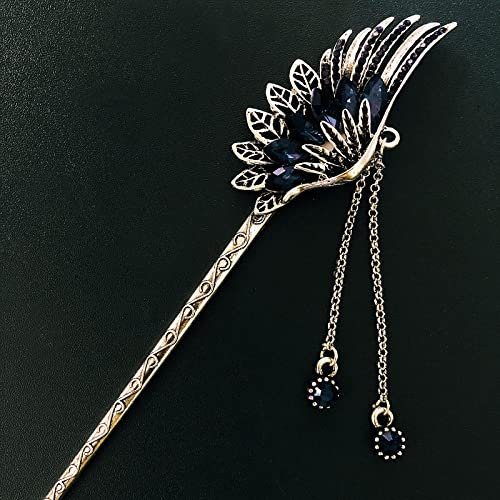 GLDW Pic A Cheveux,Plume d'argent Antique Incrusté De Pompon en Zircon Bleu Bâton À Cheveux Fleur Épingles À Cheveux Chinois Baguettes À Cheveux Vintage Épingle À Cheveux Chignon Broche Baguettes