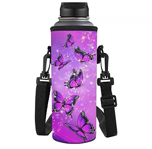 NETILGEN Shiny Butterfly Water Bottle Sleeve Pouch Neoprene Insulated Pack Crossbody Bag Women Girls Gym Travel Bottle Protector Holder Bags for Stainless Steel Plastic Bottles Energy Drinks